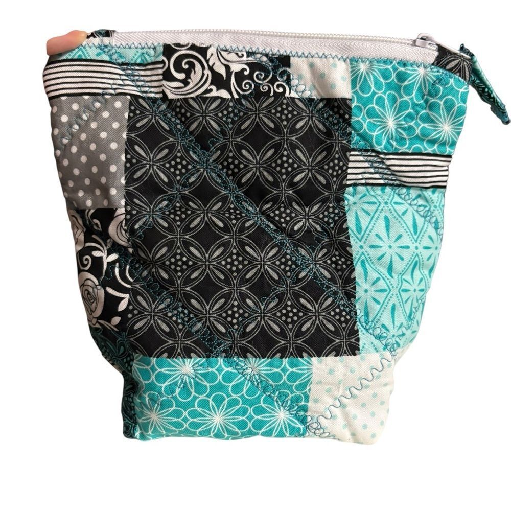 Hand Crafted Black and Teal Patchwork‎ Cosmetic Bag